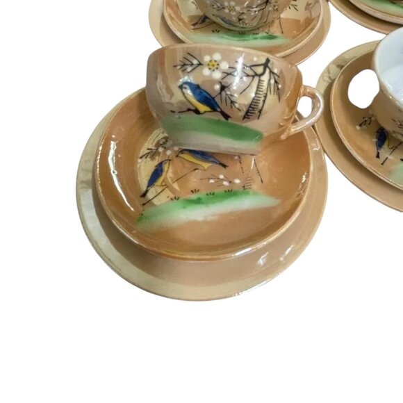 Vintage 1950s Peach Lustre Ware HP Bluebird Children's Dish Set - Picture 3 of 6